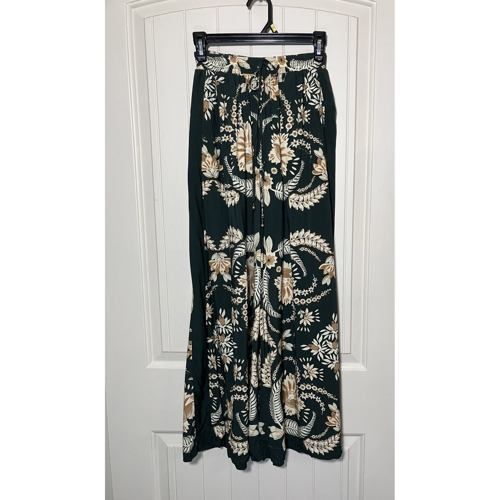 FARM Rio Pants Womens P Small Green Floral Wide Leg Palazzo Pull On Boho Resort